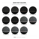 DashLux dash mat colour options — black and grey with contrast stitching